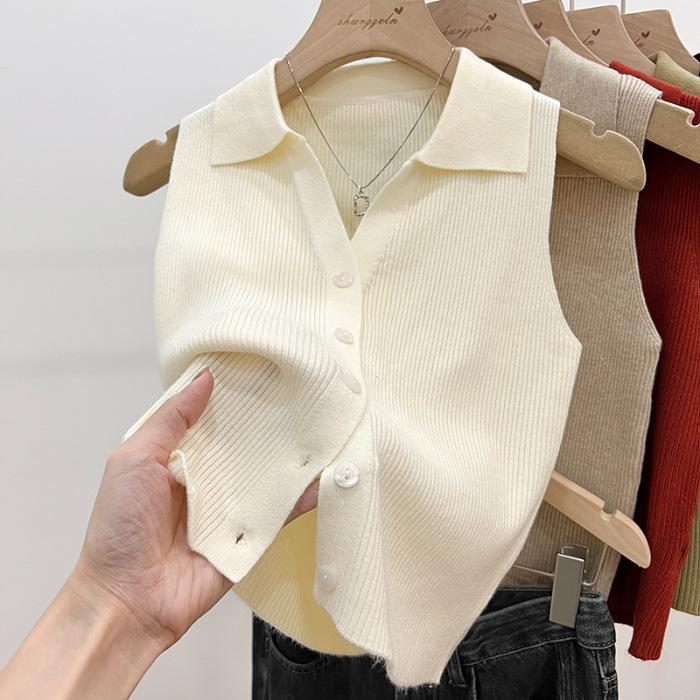 Lapel Ice Silk Slim Fit Vest for Women Summer Early Fall Thin Knit Tank Top Sleeveless Short Sleeve Casual Layering Outwear