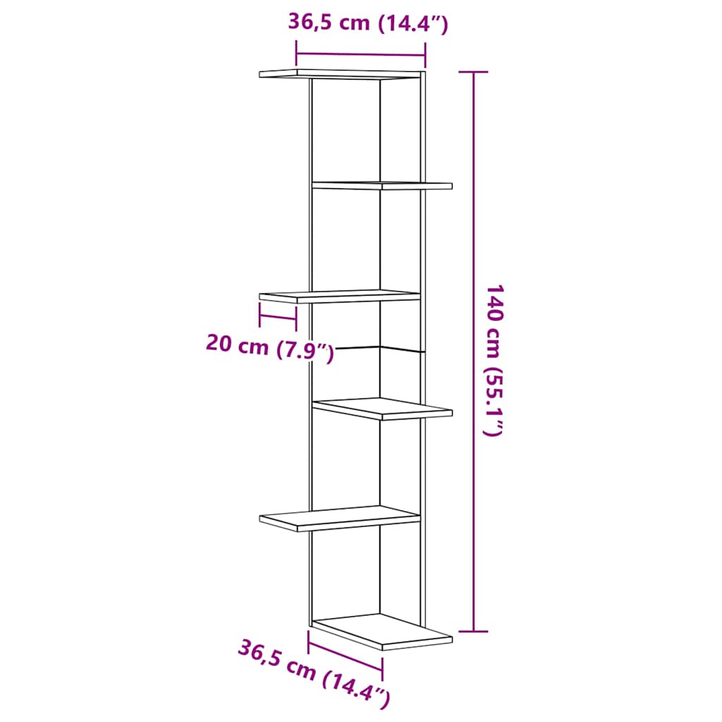 Wall Mounted Corner Shelf Black Oak Effect 36.5 x 36.5 x 140 cm