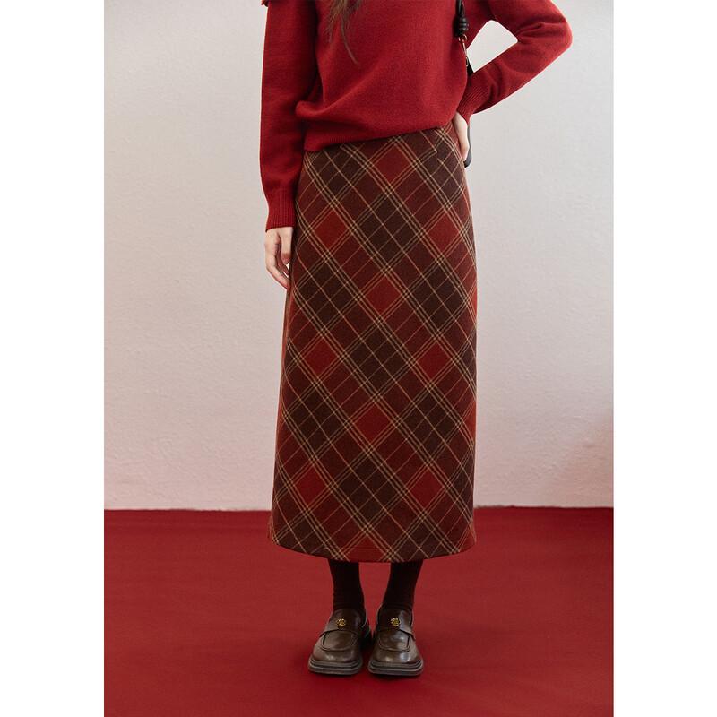Mixiu Retro Red Plaid High-Waist Straight Skirt S