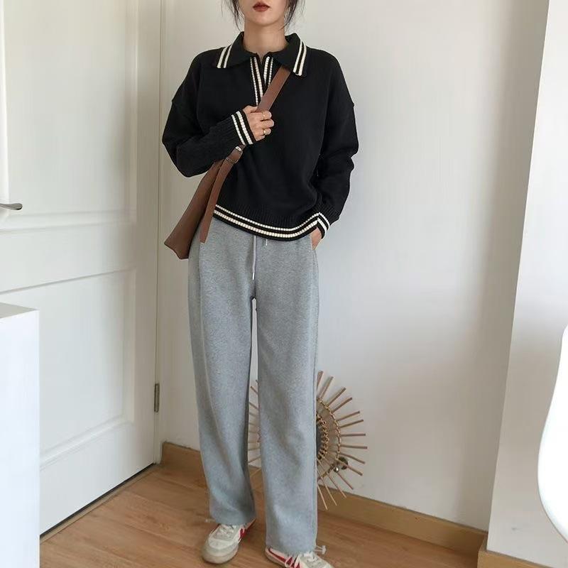 Hong Kong flavor college style polo collar contrasting color knitted sweater women's design sense niche loose and versatile
