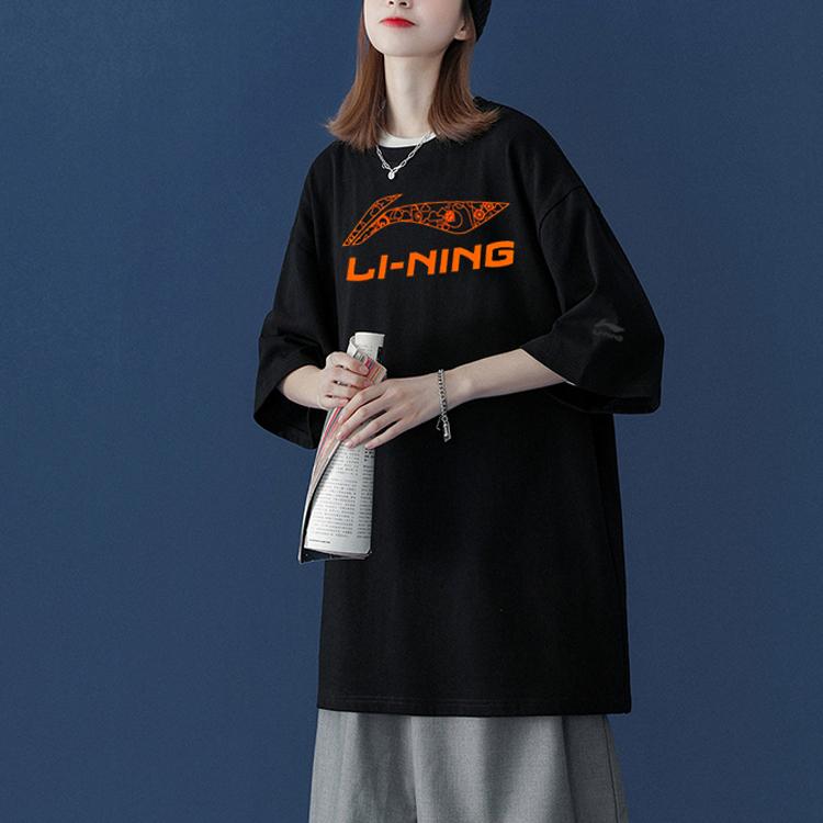 Li Ning Big Logo Printed Round Neck Pullover Short Sleeve T-Shirt Unisex Tops Black AHSSD99-2