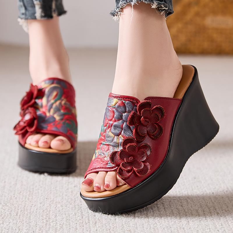 Fashion GKTINOO 2025 Genuine Leather Women Slippers Flower High Heels Wedges Summer Shoes Platform Retro Handmade Women Leather Slipper