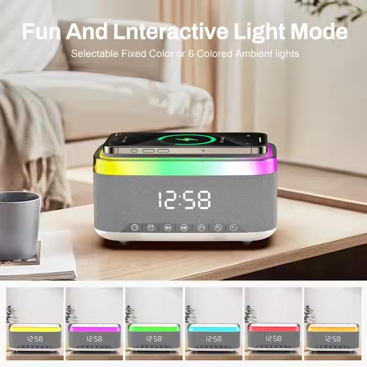 Hot Selling Products Digital Alarm Clock RGB Speaker Round Bedside Night Light 15W Wireless Charger 6 In 1 BT Wireless Speakers