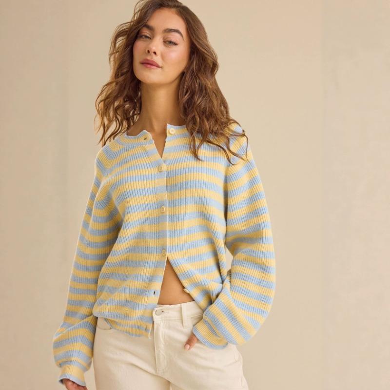 Women S Striped Crew Neck Loose Long Sleeve Knit Cardigan