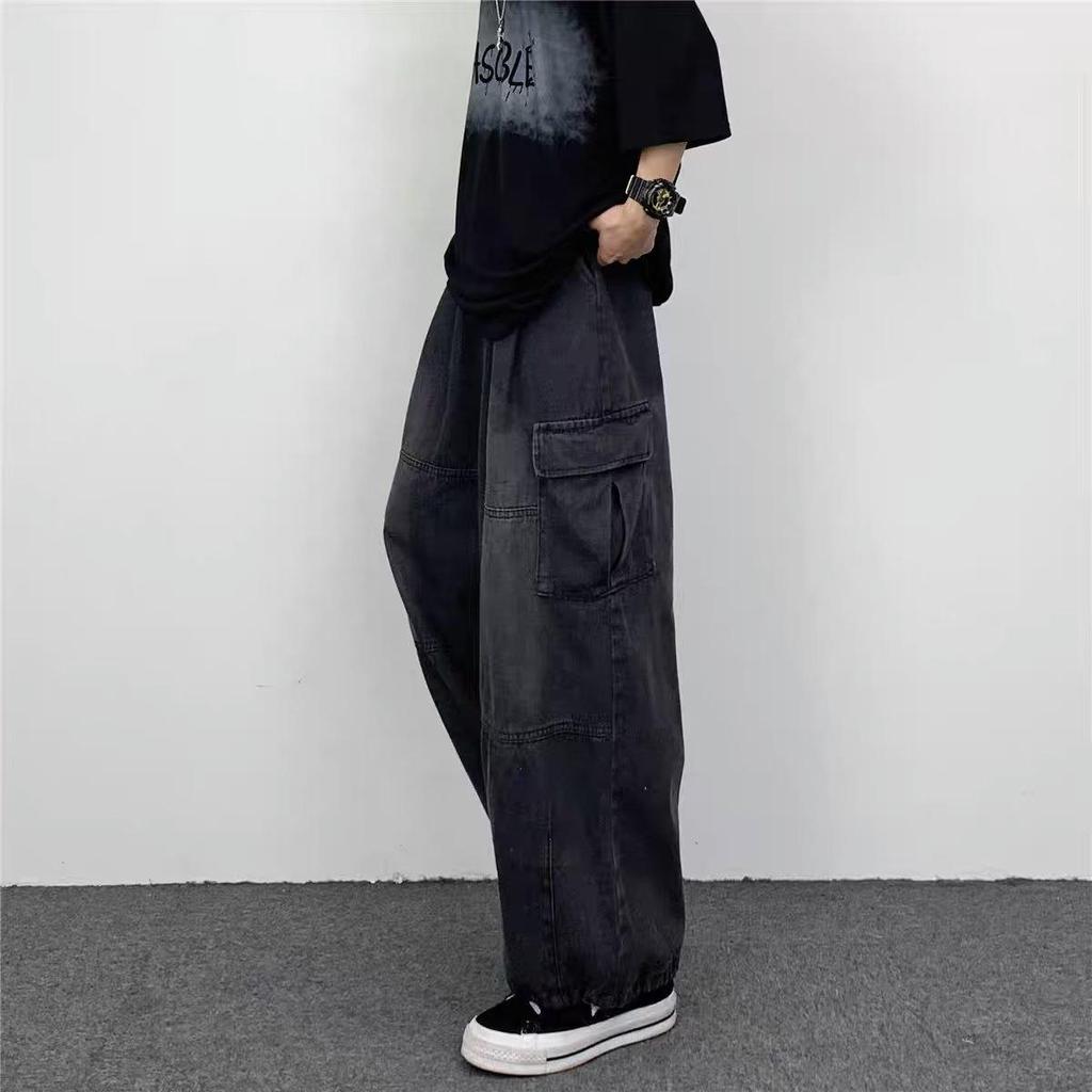 Men's Japanese Retro Wide-Leg Overalls with Large Pockets - Spring/Summer Trendy Loose Fit Jeans