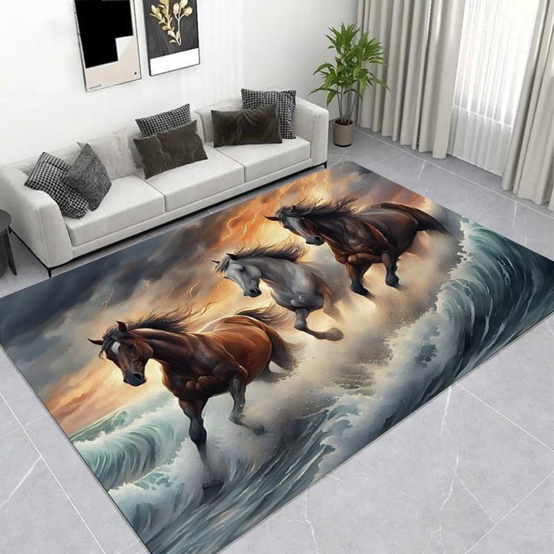 Wild Horses Ocean Wave Area Rug, Dramatic Sunset Living Room Carpet, Non-Slip Soft Floor Mat for Nature Lover