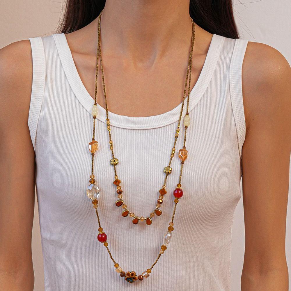 Geometric Beaded Ceramic Flower Boho Chain Long Necklace Hot Retro Necklace Women