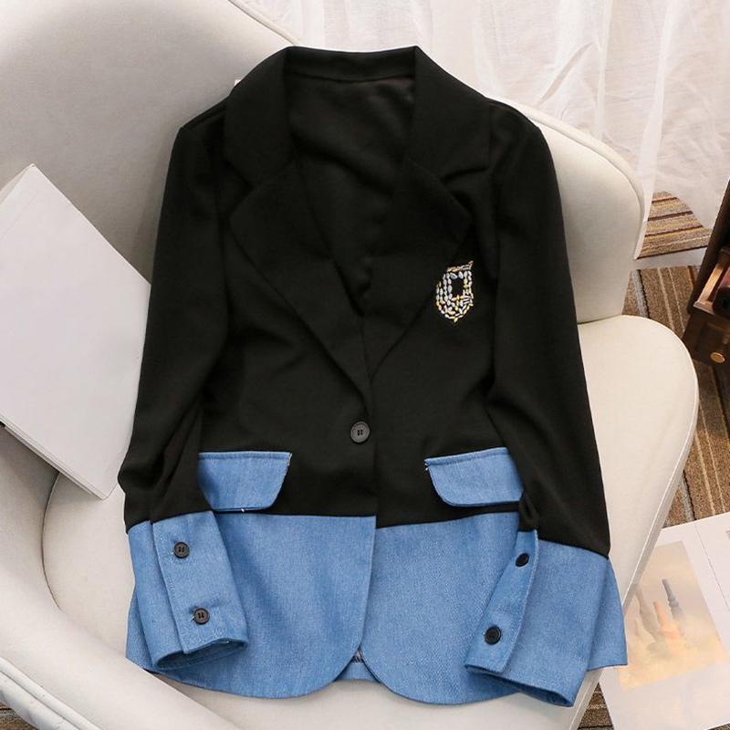 Cowboy Splicing Blazer Women Casual Loose Patchwork Denim Large Size Coat Polo Collar Long Sleeved Jacket New Fashion  Autumn