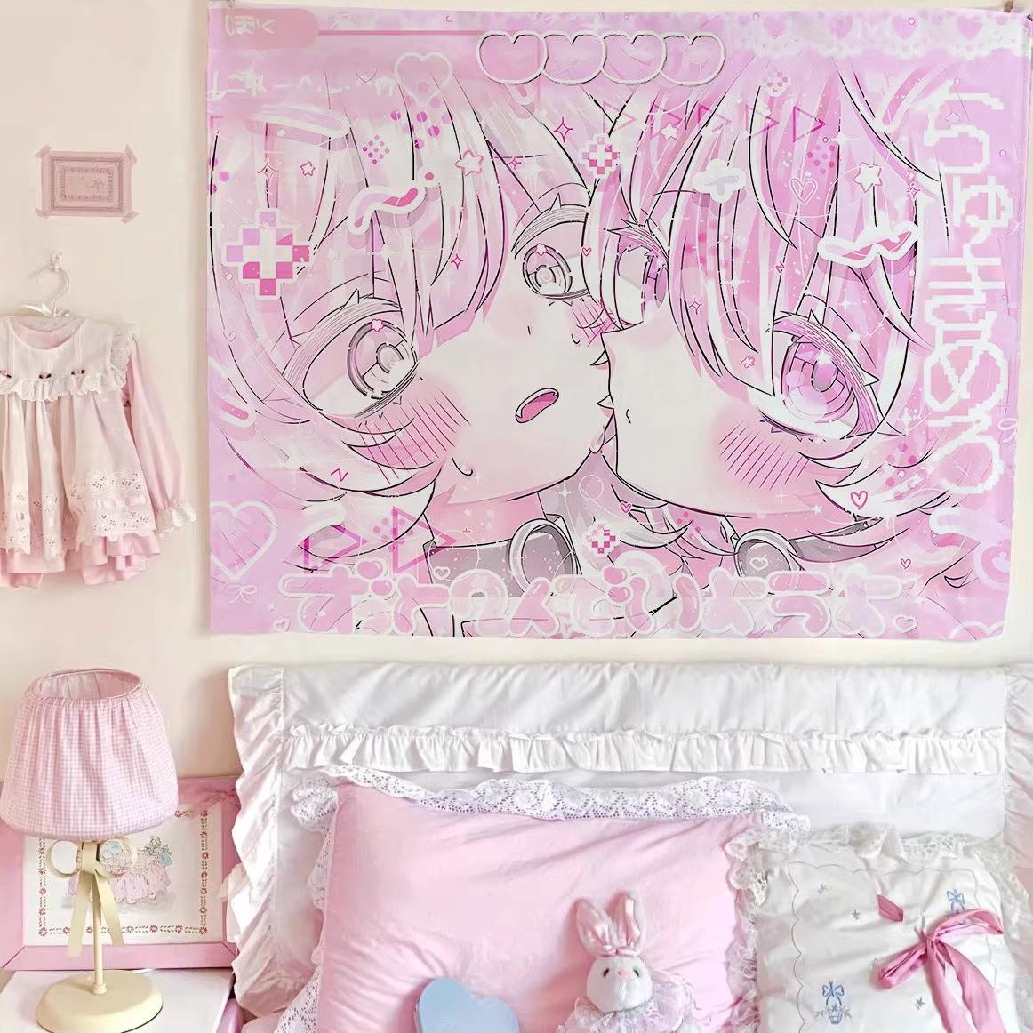 Моющийся Kawaii Набор для комнаты Розовый Аниме Гобелен Наволочка для Девочек Декор Комнаты в Общежитии Идея для Подарка 74x94cm(29x37in)