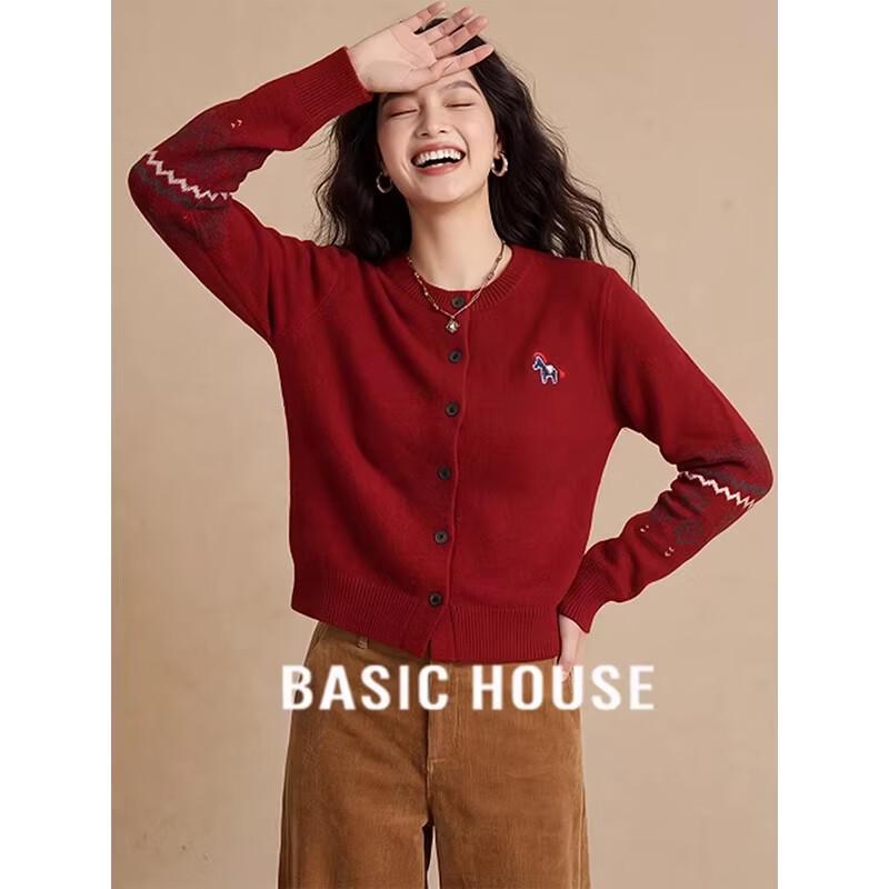 Basic House Women s Red Long-Sleeve Knit Cardigan L