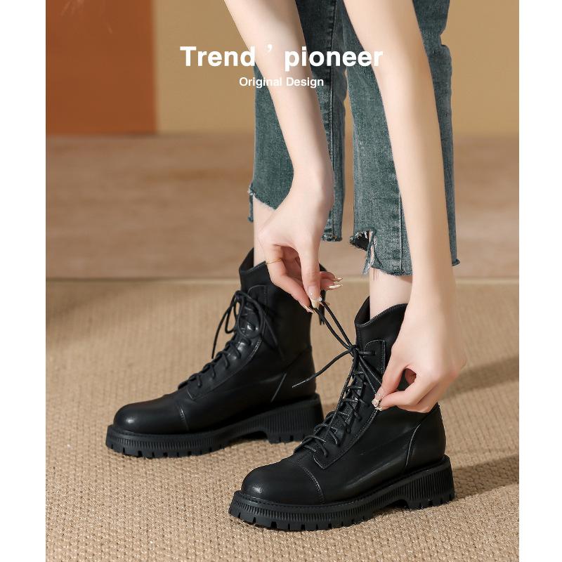 Middle heel autumn and winter new Martin boots women's thick-soled lace-up leather short boots women's beige temperament boots women