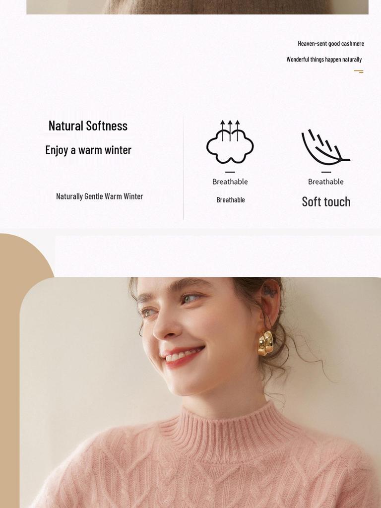 Women's Thickened Half-High Neck Cable Knit Cashmere Sweater - Soft, Versatile Autumn/Winter Pullover