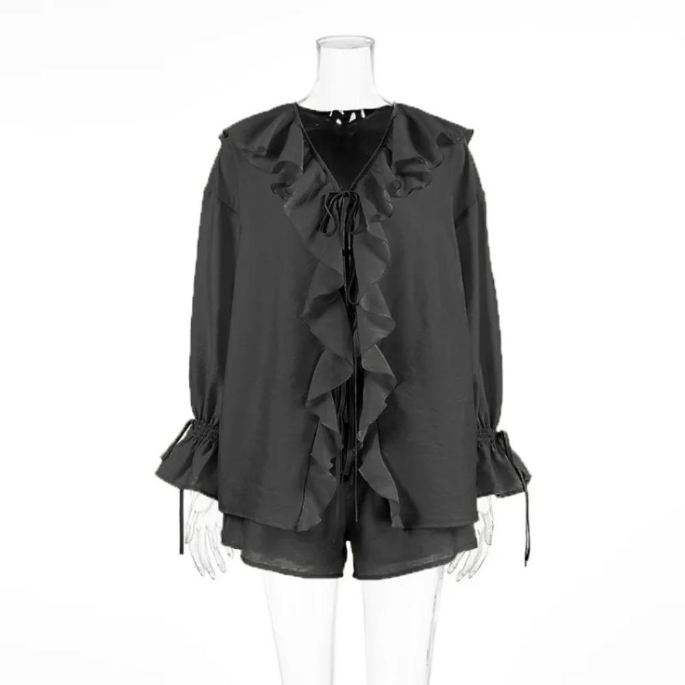 

VAYLA New Casual Shorts Two-piece Set Women s Ruffled Loose Tie Top Simple Shorts Set Office Lady Female Shorts Set S чорний