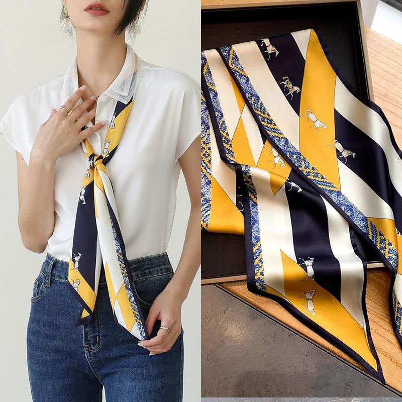 Mode Blauer Druck Seidenschal Damen Weicher Satin Pferdehaarband Schräges Halstuch Büro Hijab Stirnband Foulard Taschenbänder Geschenk