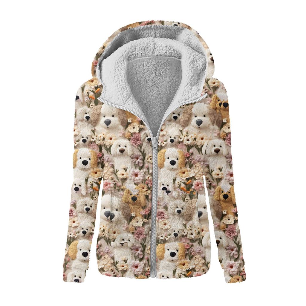 Sweatshirt med løs hette i plysj med glidelåsjakke for kvinner