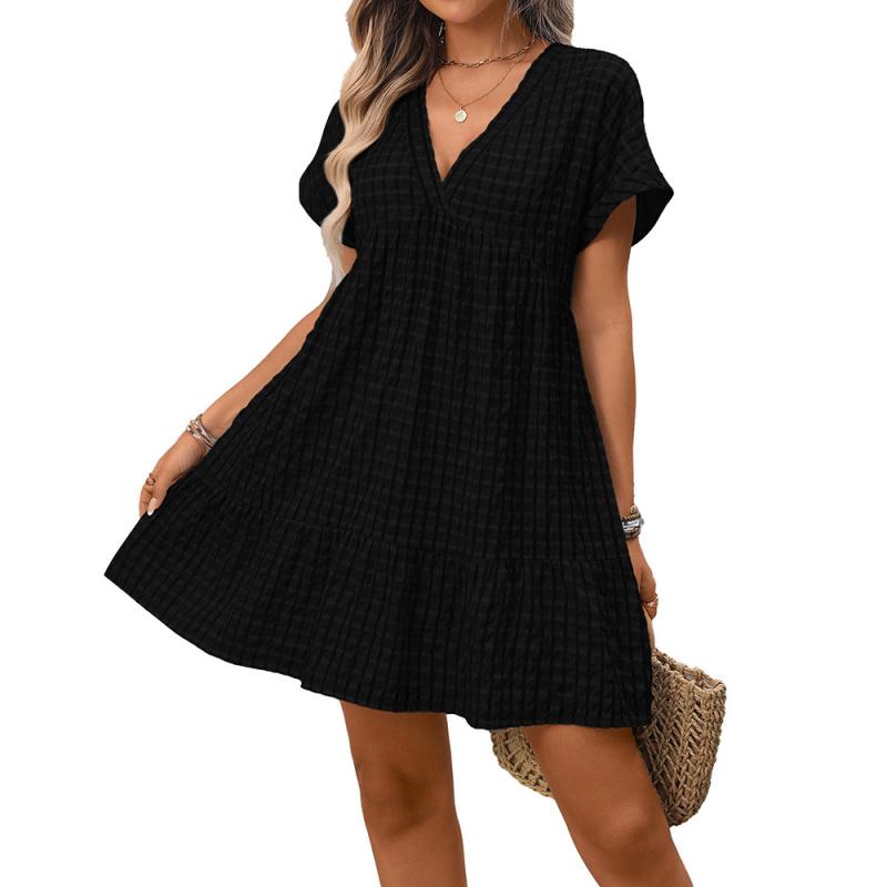 2026 Summer New Women's V-neck Loose Casual Short-sleeve Plaid Dress