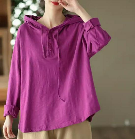 2025 Spring Retro Hooded Pullover: Women's Casual Loose Fit Solid Color Long Sleeve Sweatshirt