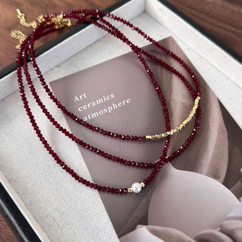 Ancola Red Pearl & Crushed Silver Luxury Choker Necklace: High-End, Fashion-Forward Clavicle Chain