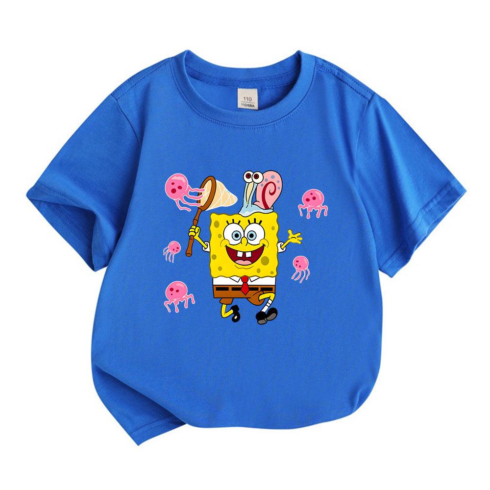 Kids Boys Girls 100% Cotton Crew Neck Short Sleeve T-Shirt, Cute Cartoon Sea Sponge Pet Snail Jellyfish Print Casual Summer Tee Tops for Children