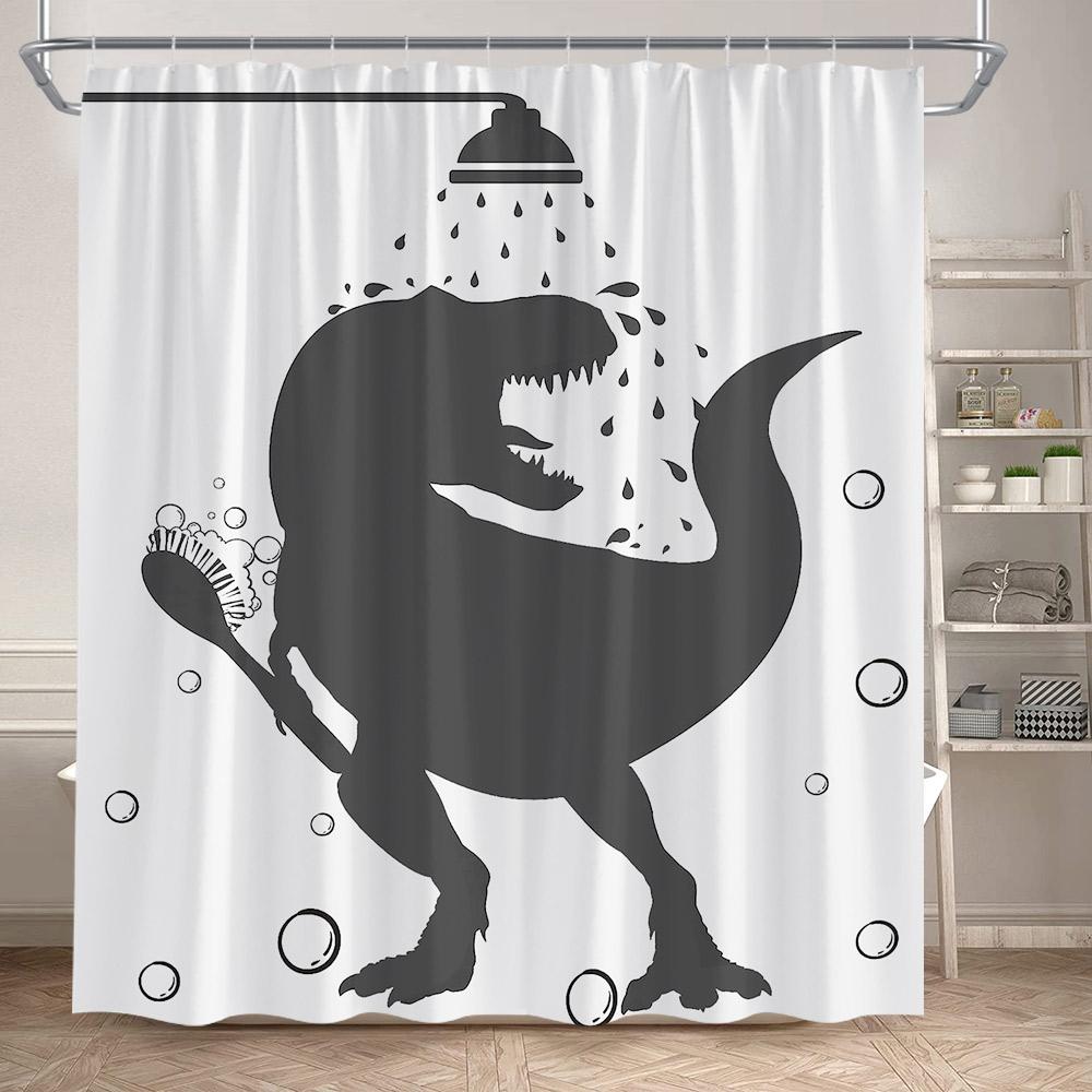 Lustige Badende Dinosaurier Duschvorhänge Schwarze Katze Tiersilhouette Kinder Badevorhang Modernes Polyester Badezimmerdekor Mit Haken