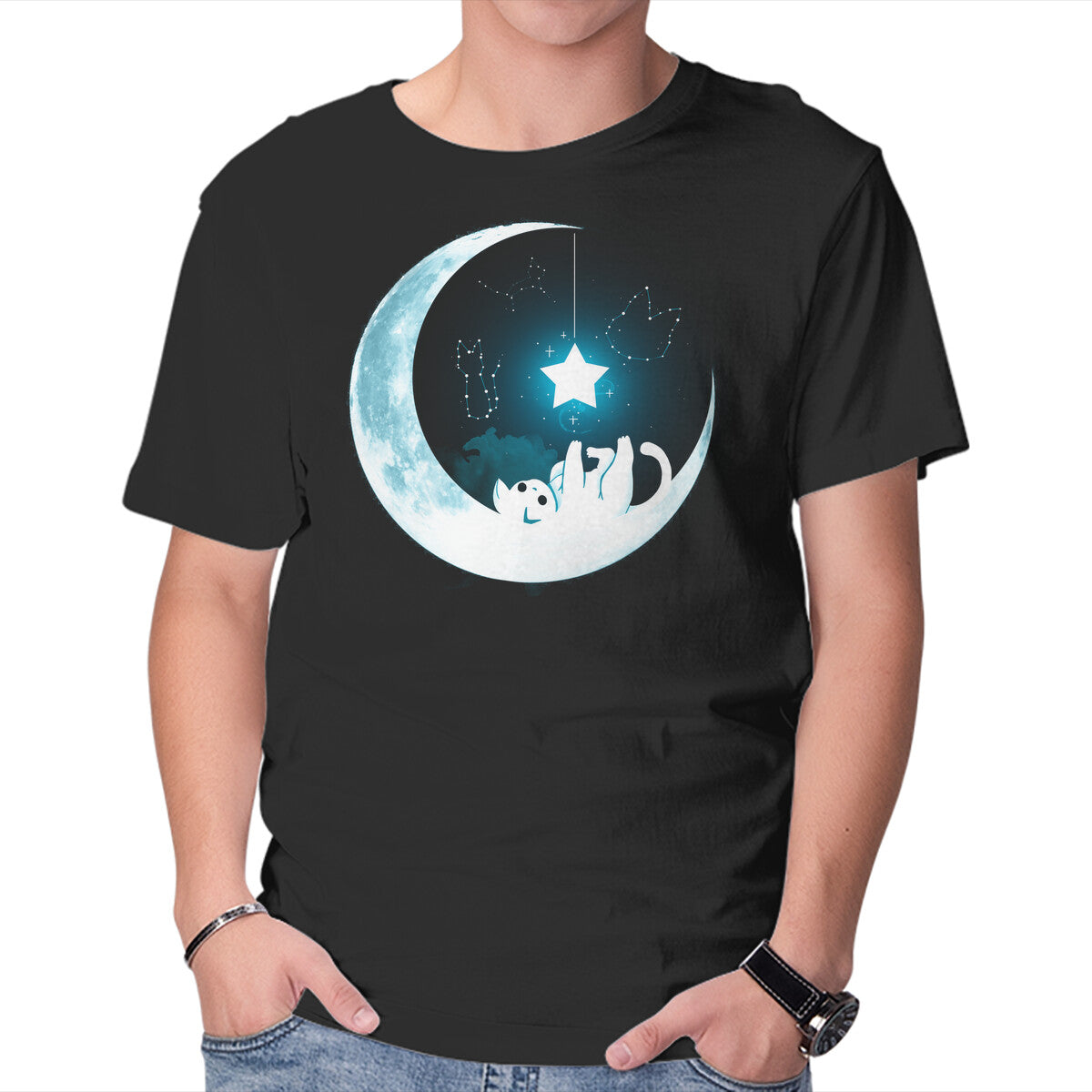Unisex Crew Neck T-Shirt Kitten Moon Night Graphic Short Sleeve Casual Tee S