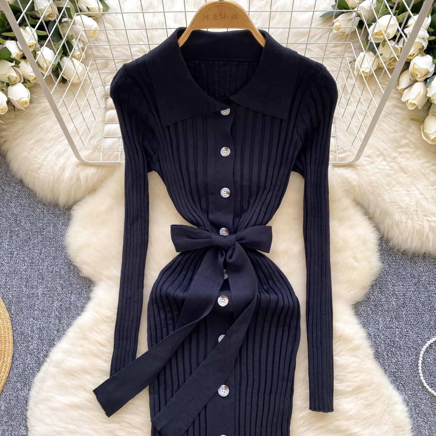 Винтажное отложной воротник элегантное длинное рукав однобортное бандажное трикотажное — фото 13