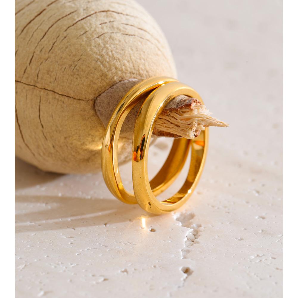 Yhpup 2PC Stainless Steel Smooth Metal Round Stacking Ring 18K Gold Color PVD Plated Simple Casual Finger Jewelry