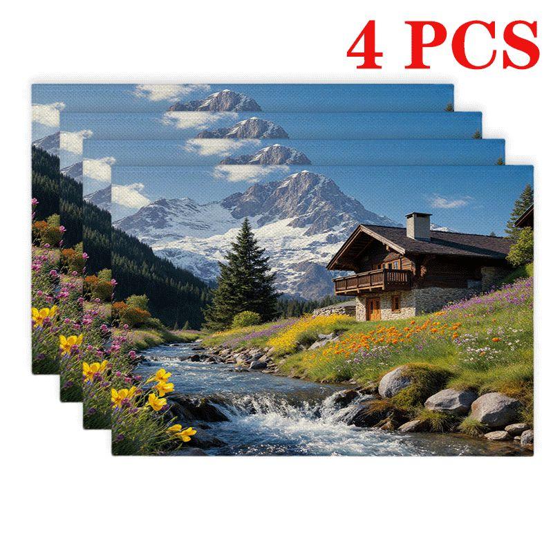 4/6 Stück Rechteckige Tischsets - 12x18 Zoll Alpenhütten-Landschaft Tischsets mit 2D-Element-Design, Strapazierfähige und Waschbare Polyester-Tischsets 4pcs gray