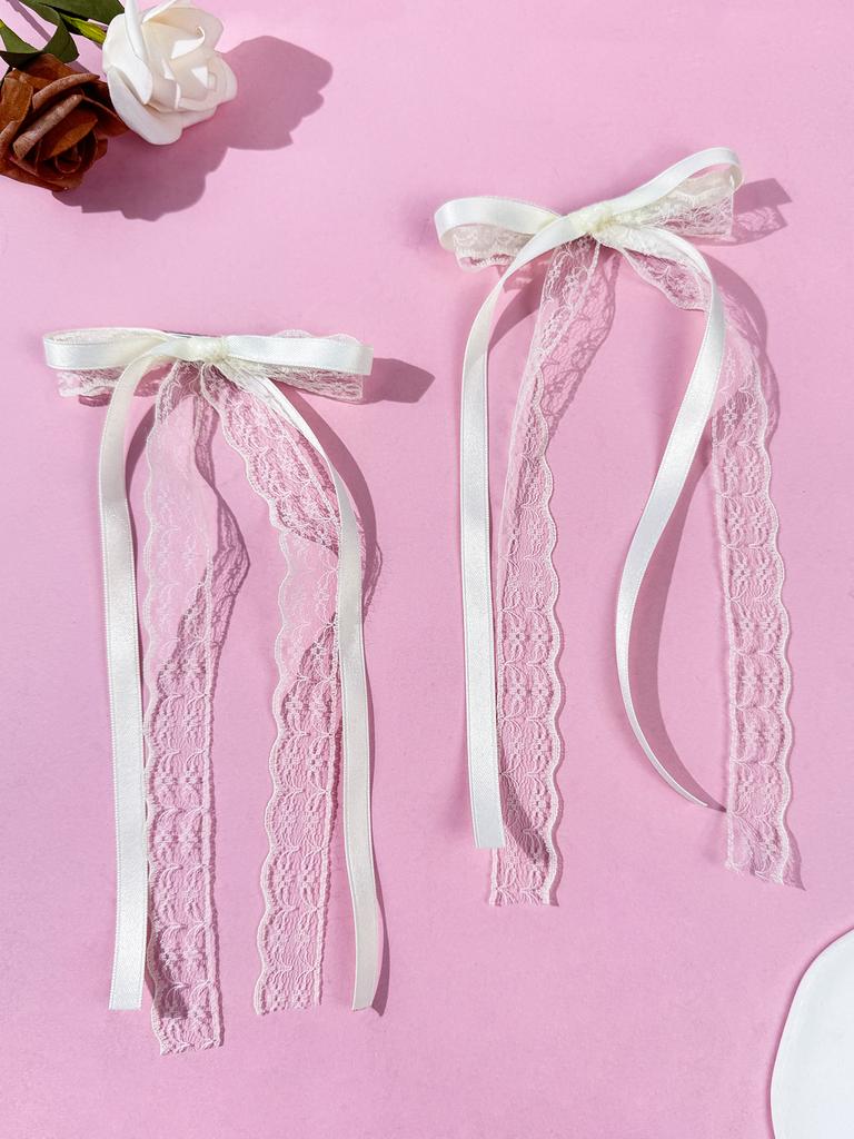 2pcs Ballet Style Lace Bow Ribbon Hair Clip, Sweet Girl's Double Ponytail Hair Clip, Sweet and Cool Style Hair Accessory