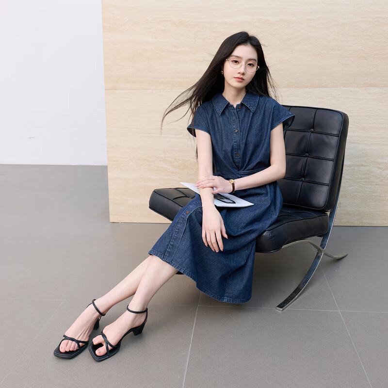 SanCai 100% Cotton Tie-Waist Denim Midi Dress