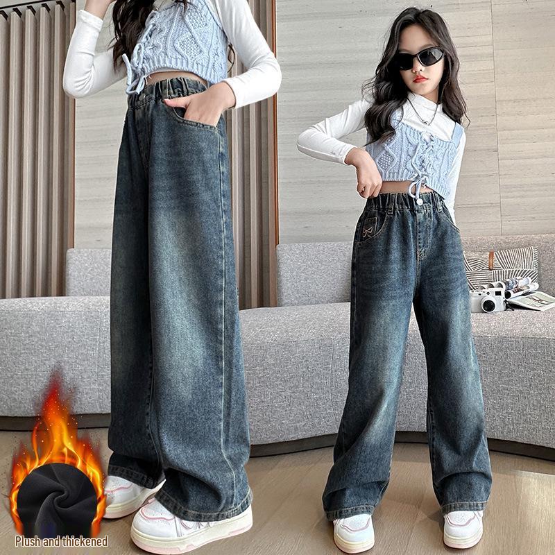 Girls' 2024 Spring & Autumn Fleece-Lined Wide-Leg Jeans - Straight-Leg Style for Winter, Suitable for Middle and Big Children.