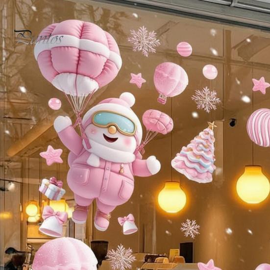 Christmas Window Clings 9Pcs Pink Static Clings, Santa Snowman Bunny Penguin Glass Bedroom Art Decals, Reusable Xmas Stickers, Holiday Decor for Home