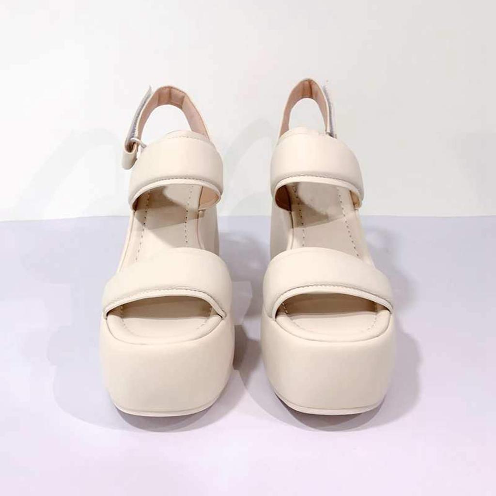 Krazing Pot Sheepskin Peep Toe Thick High Heels Platform Summer Shoes Hook Loop Casual Women Sandals
