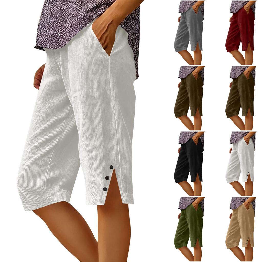 Women’s Corduroy Knee Length Shorts Relaxed Fit Button Side Pockets Casual Lightweight Soft Material