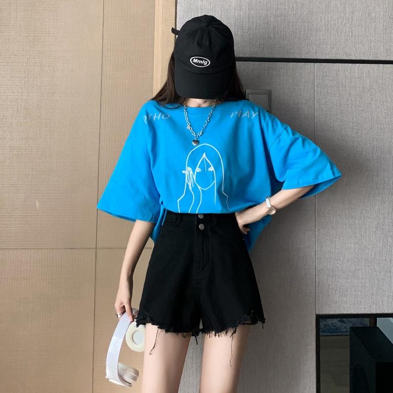 

Classic and Minimalist Fashion Versatile Summer Hole Women High Waist Thin A Word Loose Outside Wearing Wide Leg Thin Denim Shorts Individuality 2XL чёрный