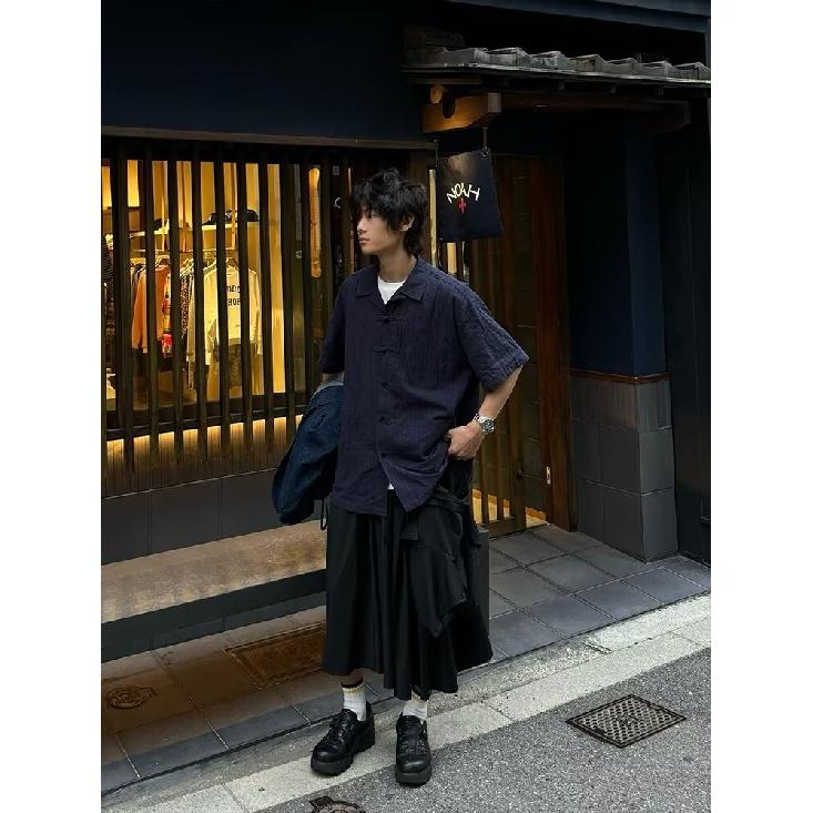 

Летняя одежда мужская ретро повседневная рубашка студенческая свободная нишевая дизайнерская забавная новая мужская верхняя часть для ношения на открытом воздухе 2XL синий