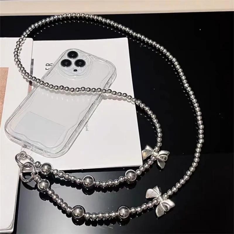 Silver bow love phone chain handmade bead hanging chain crossbody can be carried with hanging rope backpack with wrist strap