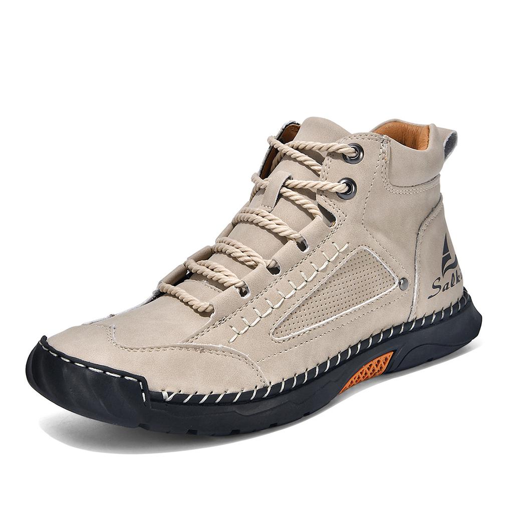 Large-size men's high-top leather boots Hand-stitched ankle boots Flat-soled lace-up casual shoes