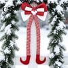 Winter Holiday Home Decoration Christmas Long Legs Bow Ornament, Plush Velvet Hanging Decor with Bendable Soft Ornaments for Xmas Tree Legs, Red White