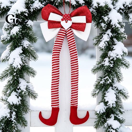 Winter Holiday Home Decoration Christmas Long Legs Bow Ornament, Plush Velvet Hanging Decor with Bendable Soft Ornaments for Xmas Tree Legs, Red White