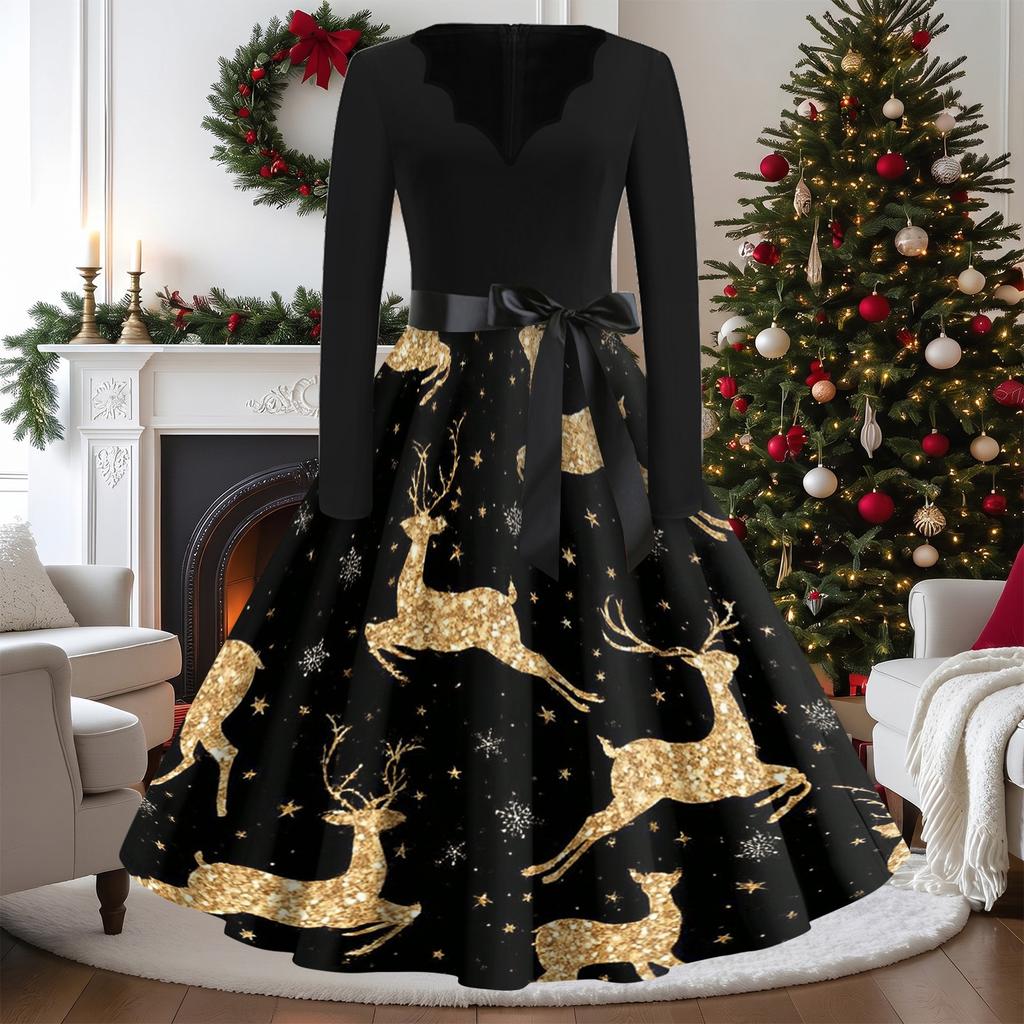 Women's Vintage V-Neck Long Sleeve Christmas Print Casual Dress