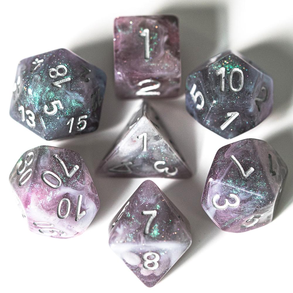 Cusdie Sparkle Galaxy Dice DND Resin D&D Dices D4 D6 D8 D10 D% D12 D20 7 Polyhedral Dice Set for Role Playing Table Games TRPG