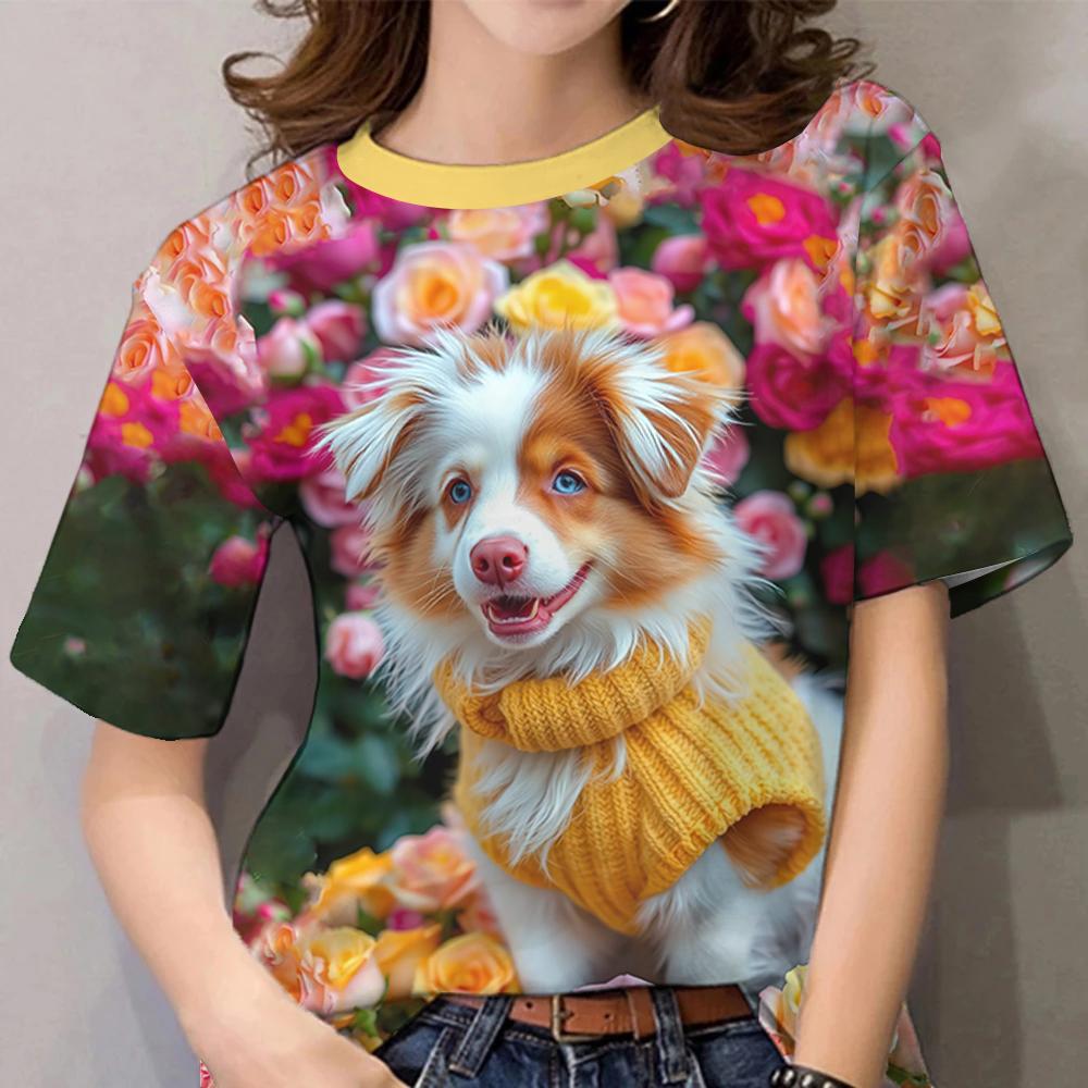 Women's T-Sleeve Contrast Color Puppy Pattern Printing Fashion Casual Y2k Women's Clothing High-Quality Short-Sleeved