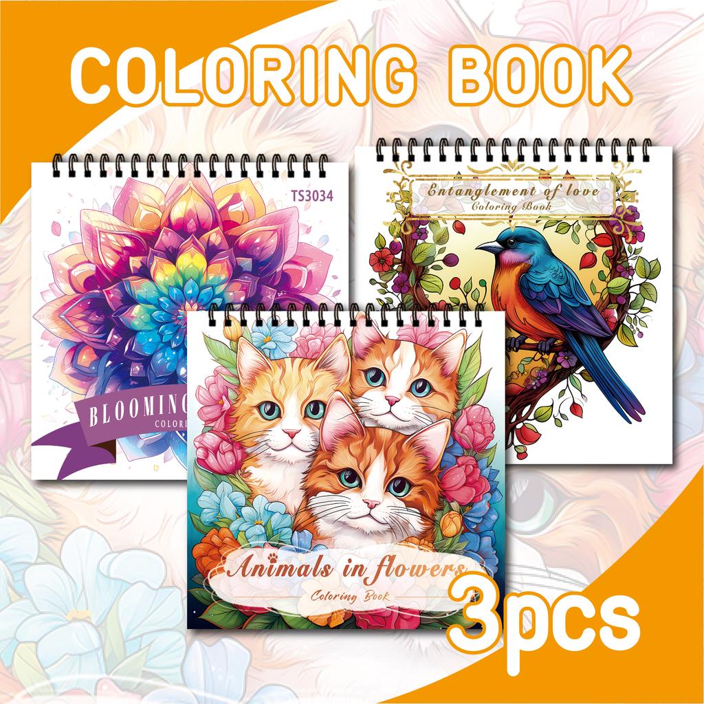 3pcs Coloring Books - Bird, Cat, Mandala Patterns, Thickened 30 Pages, Spiral Bound, Perfect for Stress Relief, Gift Ideas