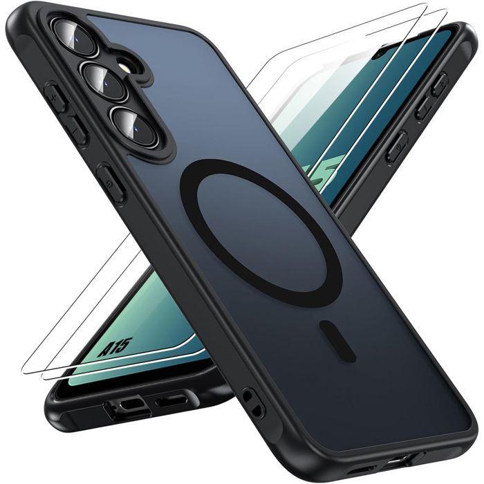 Coque pour Samsung Galaxy A15 4G/5G, Protection avec Anneau Magnétique - Noir - 2 Verres Trempés