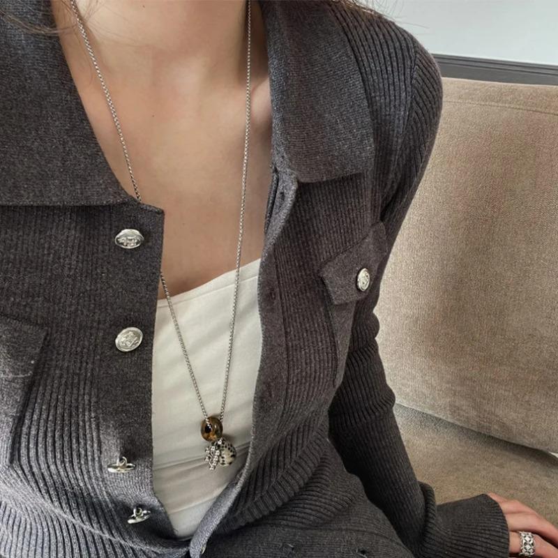 Y2K Vintage Spotted Tiger Eye Stone Irregular Pendant Necklace for Women Long Chain Girls Charm Aesthetic Jewelry Accessories