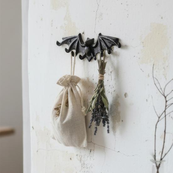Yousheng Bat Wall Hooks, Black Cast Iron Gothic Coat Rack with 2 Prongs, Rustic Metal Hanging Organizer for Keys Hats Scarves, Industrial Home Decor