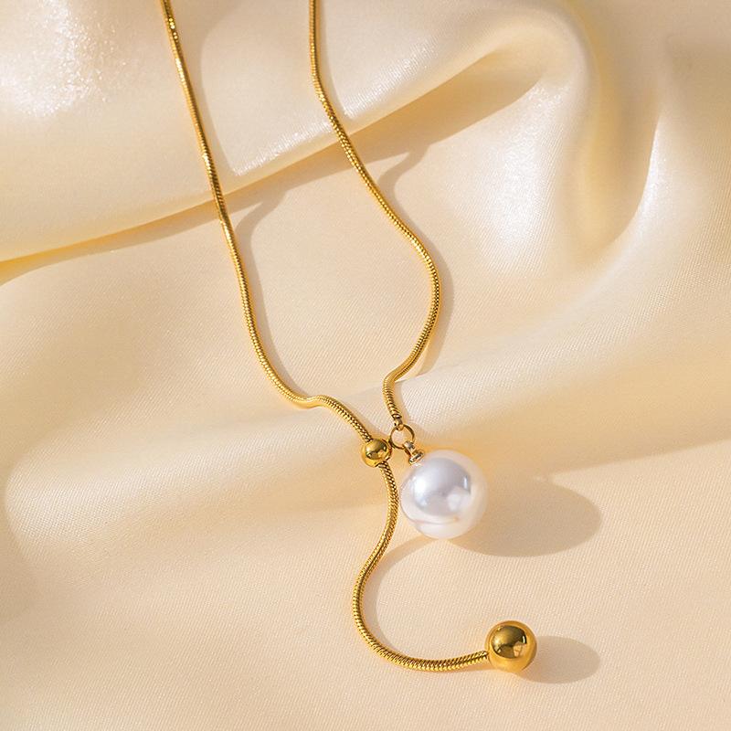 Stainless Steel Knot Lucky Beads Imitation Pearl Necklace for Women Men Simple Ball Pendant Long Chain Temperament Jewelry Gifts