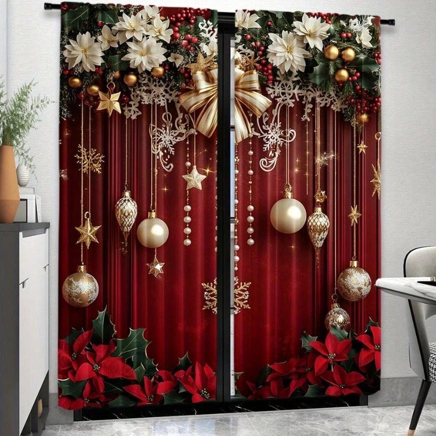Perdele Florale de Crăciun cu Fundă Concepute pentru Protejarea Intimității Potrivite pentru Decorarea Diverselor Scene Set de 2 Fabricate din Poliester cu Buzunar pentru Tije