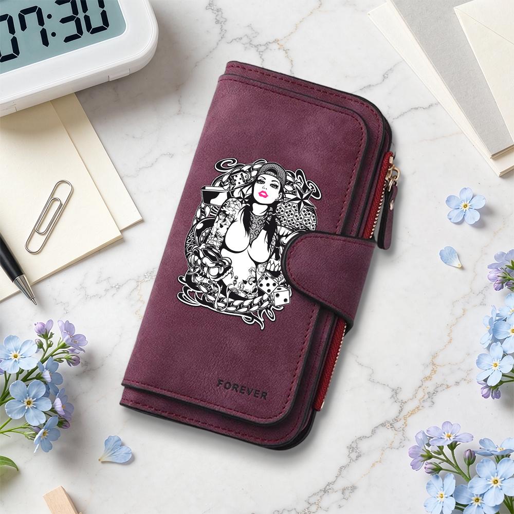 Gothic Tattoo Lady Print Long Wallet Fashionable Casual Portable Card Holder Purse